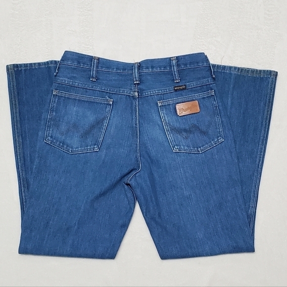 VINTAGE 1970s Wrangler Unisex Usa Made Denim Extra High Rise Bell Bottom Jeans - Picture 7 of 12